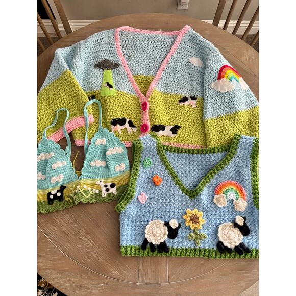 3 piece custom handmade cow farmcore crochet sweater, vest and top - Picture 1 of 9